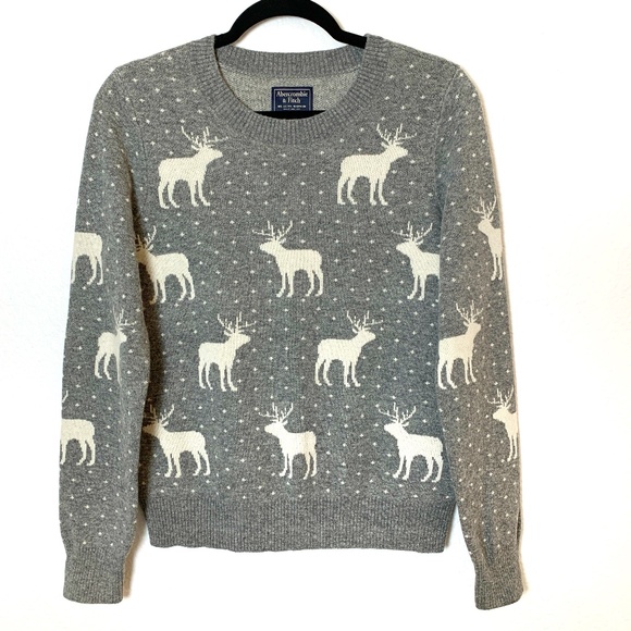Abercrombie & Fitch  Sweater Reindeer Medium Gray Wool Alpaca Blend Holiday - Picture 1 of 12